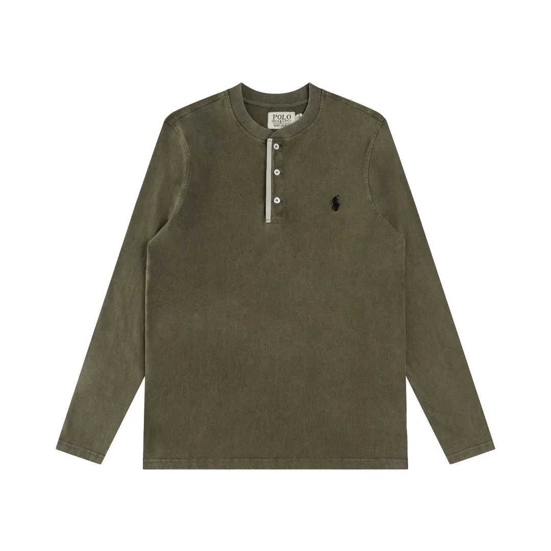 P196 #R85 Ralph Lauren washed heavy brushed distressed henley stand-up collar open chest long-sleeved bottoming shirt thin sweatshirt fabric 100% Xinjiang long-staple cotton, imported embroidered logo on the chest custom threaded collar, classic embroidery, the highest version, suitable for business and leisure daily use! 🌘3-button placket, laser logo pearlescent resin buttons, cuffs and hem are double-stitched, different from the currency version. Washed and distressed, sand-washed and stir-fried. Color: White, Black, Navy Blue, Army Green, Gray Size: S M L XL Length: 69/70/72/75 Bust: 102/108/116/124 Shoulder width: 43/45/47/49 Recommended weight: 100-120/120-140/140-160/160-180 pounds